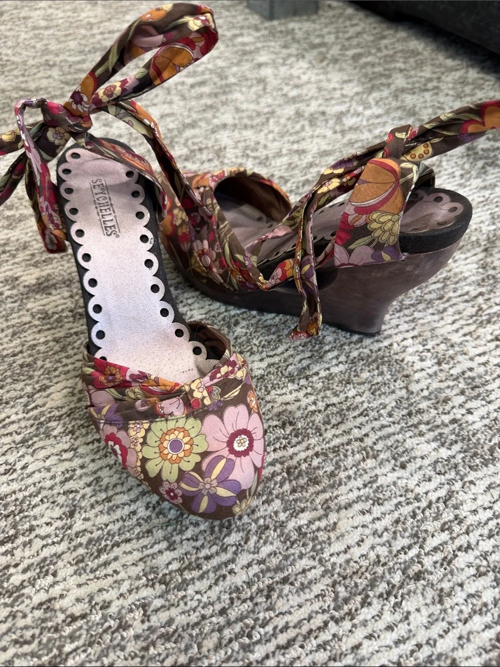 Seychelles Floral Tie-Detail Wedge Sandals in Brown, Pink, Yellow